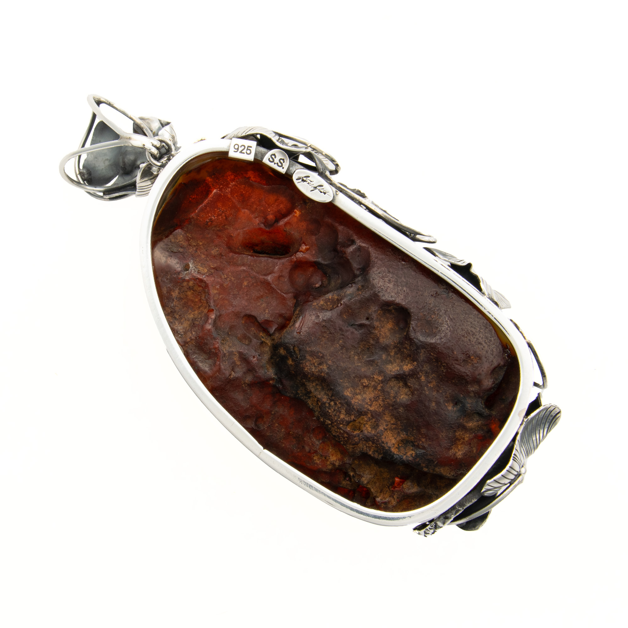 Huge Heavy Sterling Silver and Natural Baltic Amber Lizard Pendant 3